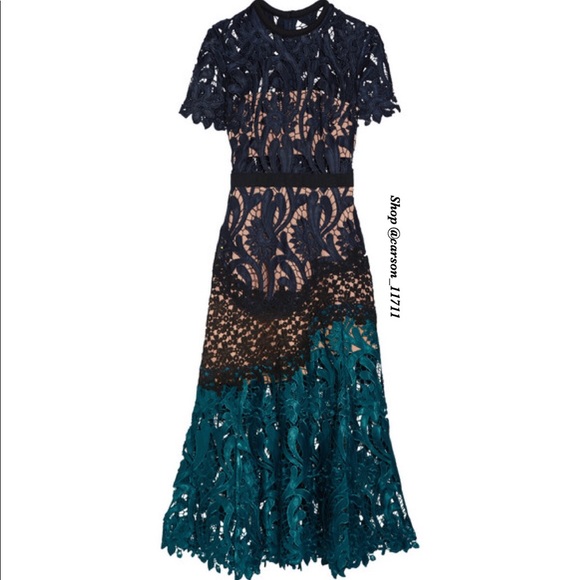 NWT Self Portrait Prairie Midi Dress Navy/Teal - Picture 12 of 17